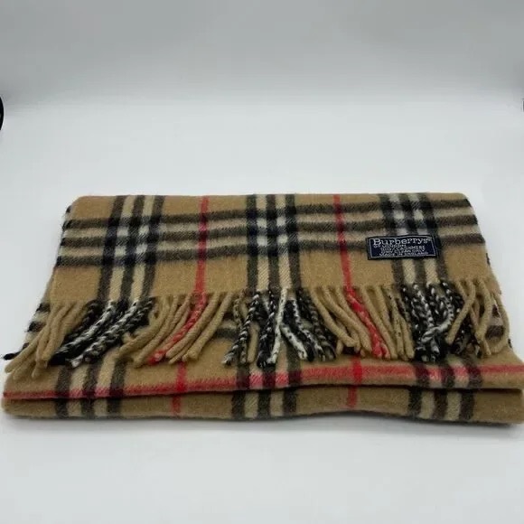 Burberry 100% Cashmere Classic Plaid Fringe Scarf Tan Black Red great condition - Picture 3 of 13